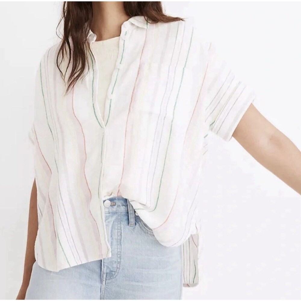 Madewell Linen-Blend Daily Shirt in Rainbow Stripe Button Down Short Sleeve Sm